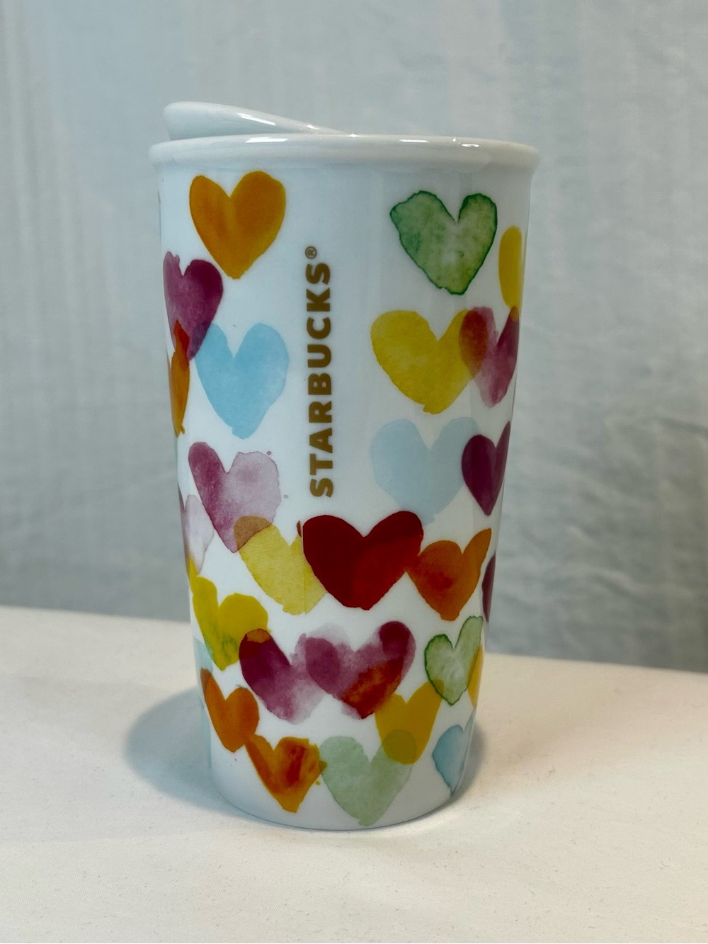 Starbucks NWT 2015 10 oz Watercolor Hearts DOT Ceramic Double-Wall Tumbler w Lid